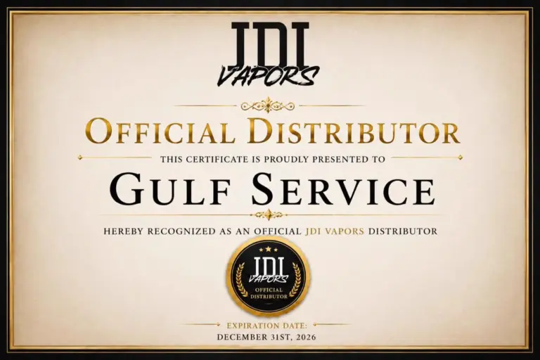 شهادة تثبت أن جلف سيرفس فيب موزّع رسمي لـ JDI Vapors
