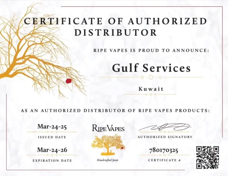 شهادة تثبت أن جلف سيرفس فيب موزّع معتمد لـ Ripe Vapes في الكويت