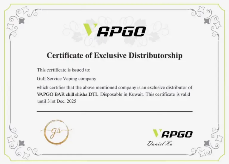 شهادة تثبت أن جلف سيرفس فيب موزّع حصري معتمد لـ VAPGO BAR في الكويت